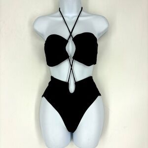 NWOT Black Noir Strappy One-Piece Bathing Suit Swimsuit Cutout Padded Set Medium